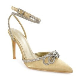 Berness Paris Gold Pointed Toe Around The Ankle With Bow Detailing Heel