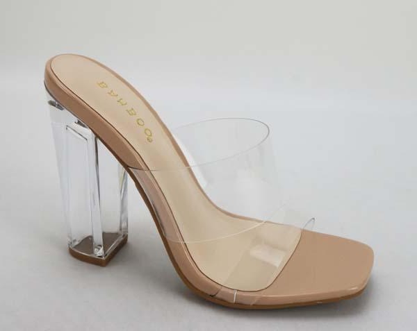 Bamboo Slash-02 Nude Patent Double Clear Band Slide On Heels