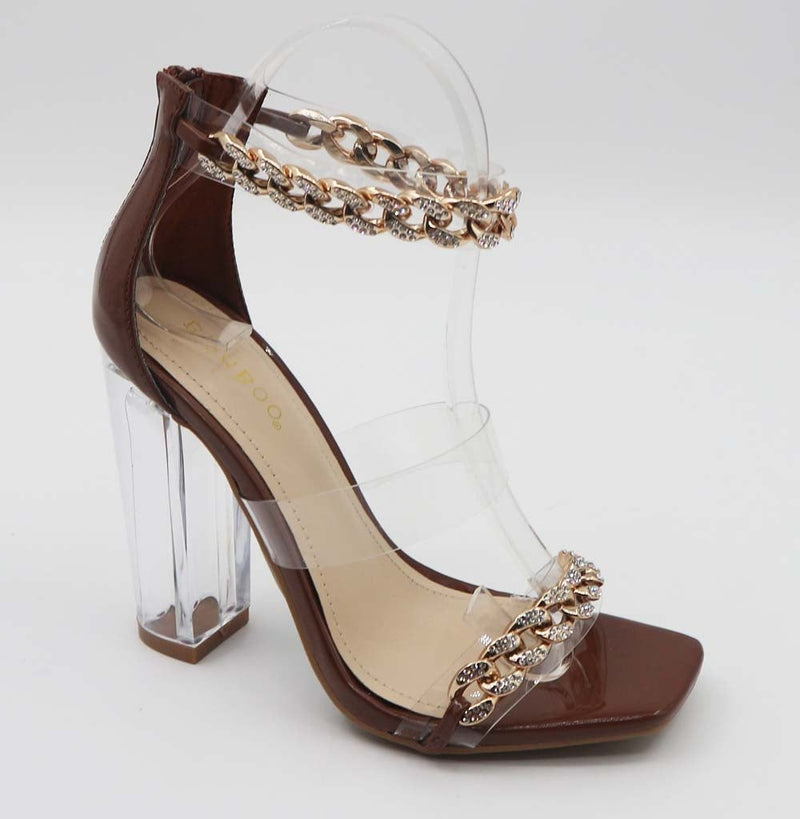 Bamboo Slash-12 Cognac Patent Double Strap Clear Heel With Ankle Strap and Gold Chain Detailing
