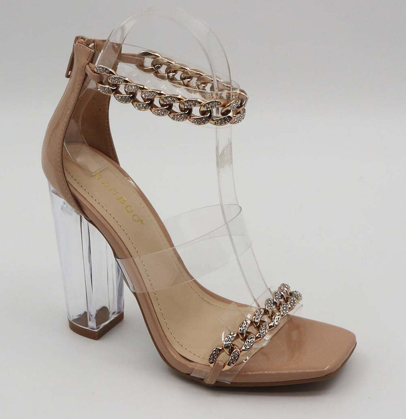 Bamboo Slash-12 Nude Patent Double Strap Clear Heel With Ankle Strap and Gold Chain Detailing
