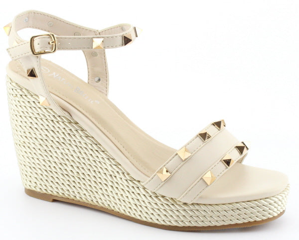Nature Breeze Tally-04 Beige Gold Studded Open Toe Espadrille Wedge