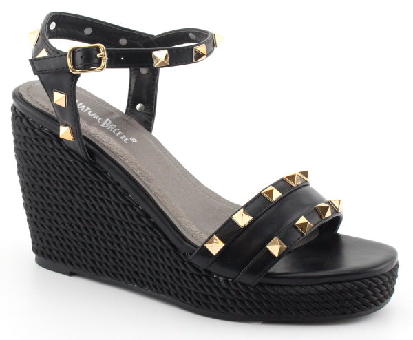 Nature Breeze Tally-04 Black Gold Studded Open Toe Espadrille Wedge