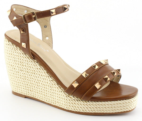 Nature Breeze Tally-04 Tan Gold Studded Open Toe Espadrille Wedge
