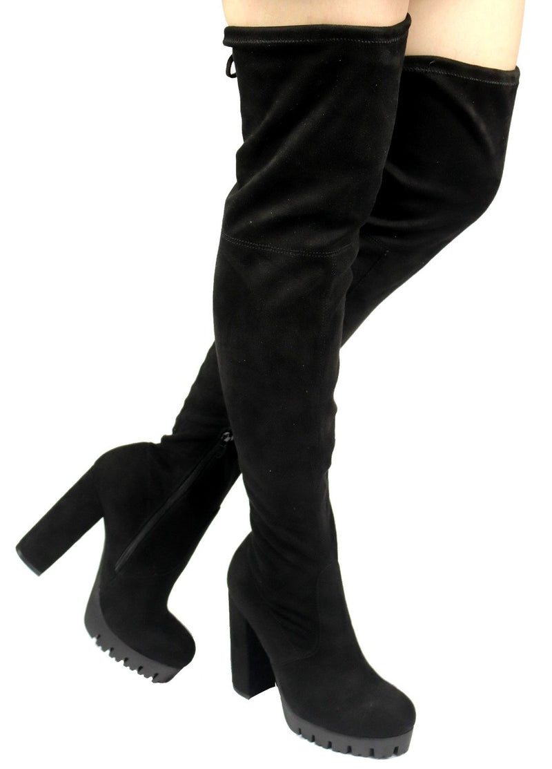 Wild Diva Veronica-46 Black Platform Chunky Heel Thigh High Boots