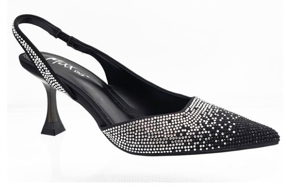 Mixx Shuz Faron Black Rhinestone Pointed Toe With Elastic Ankle Strap With Clear Heel