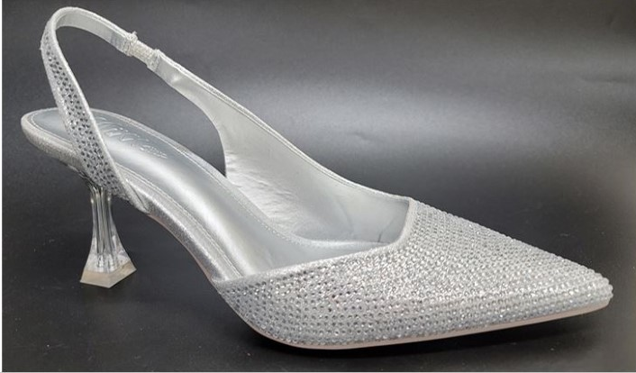 Mixx Shuz Faron Silver Rhinestone Pointed Toe With Elastic Ankle Strap With Clear Heel