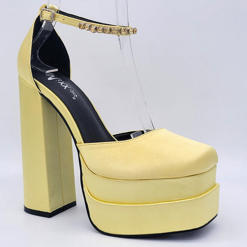 Mixx Shuz Elsa Pastel Yellow Satin Platform Heels With Jewel Ankle Strap