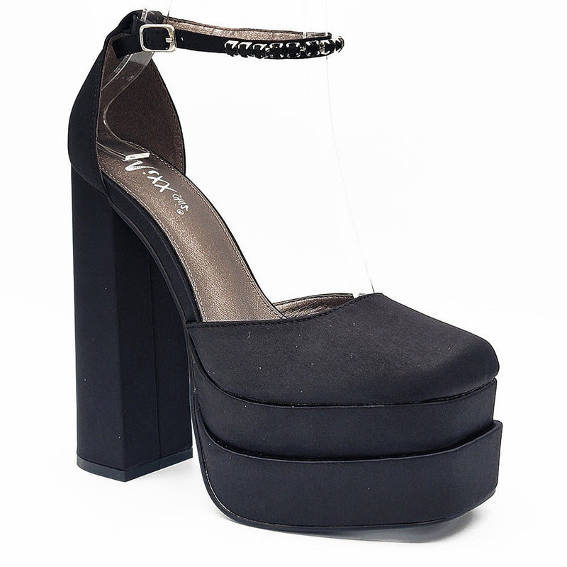Mixx Shuz Elsa Black Satin Platform Heels With Jewel Ankle Strap