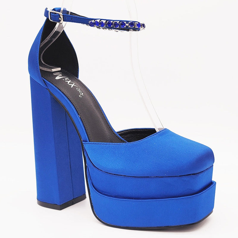 Mixx Shuz Elsa Royal Blue Satin Platform Heels With Jewel Ankle Strap