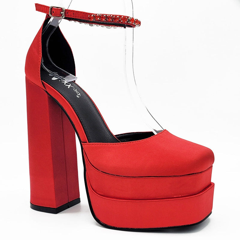 Mixx Shuz Elsa Red Satin Platform Heels With Jewel Ankle Strap