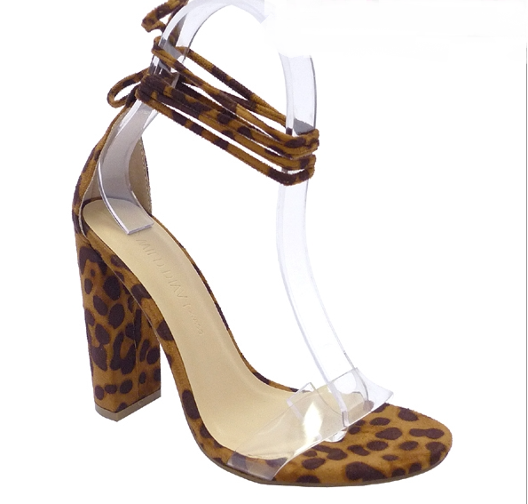 Wild DIva Morrina-01 Leopard Open Toe Clear Strap With Lace Up Ankle Block Heel