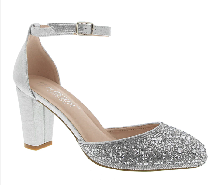 Blossom Valanda-2 Silver Ankle Strap Block Heel Almond Toe