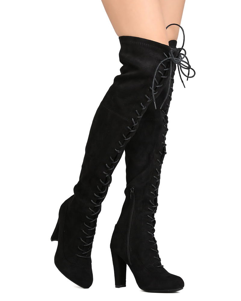 Wild Diva Amaya-07 Black Suede Lace Up Over The Knee Boots