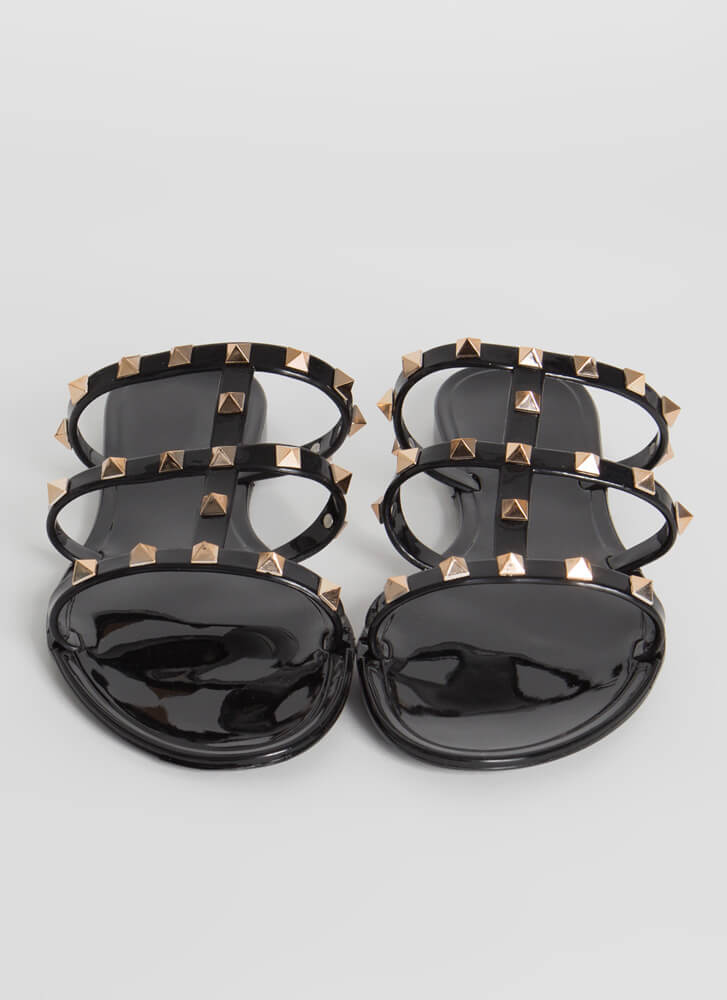 Wild Diva Joanie-228 Black 3 Strap Caged Sandal With Pointed Studs