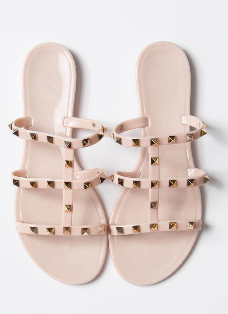 Wild Diva Joanie-228 Natural 3 Strap Caged Sandal With Pointed Studs